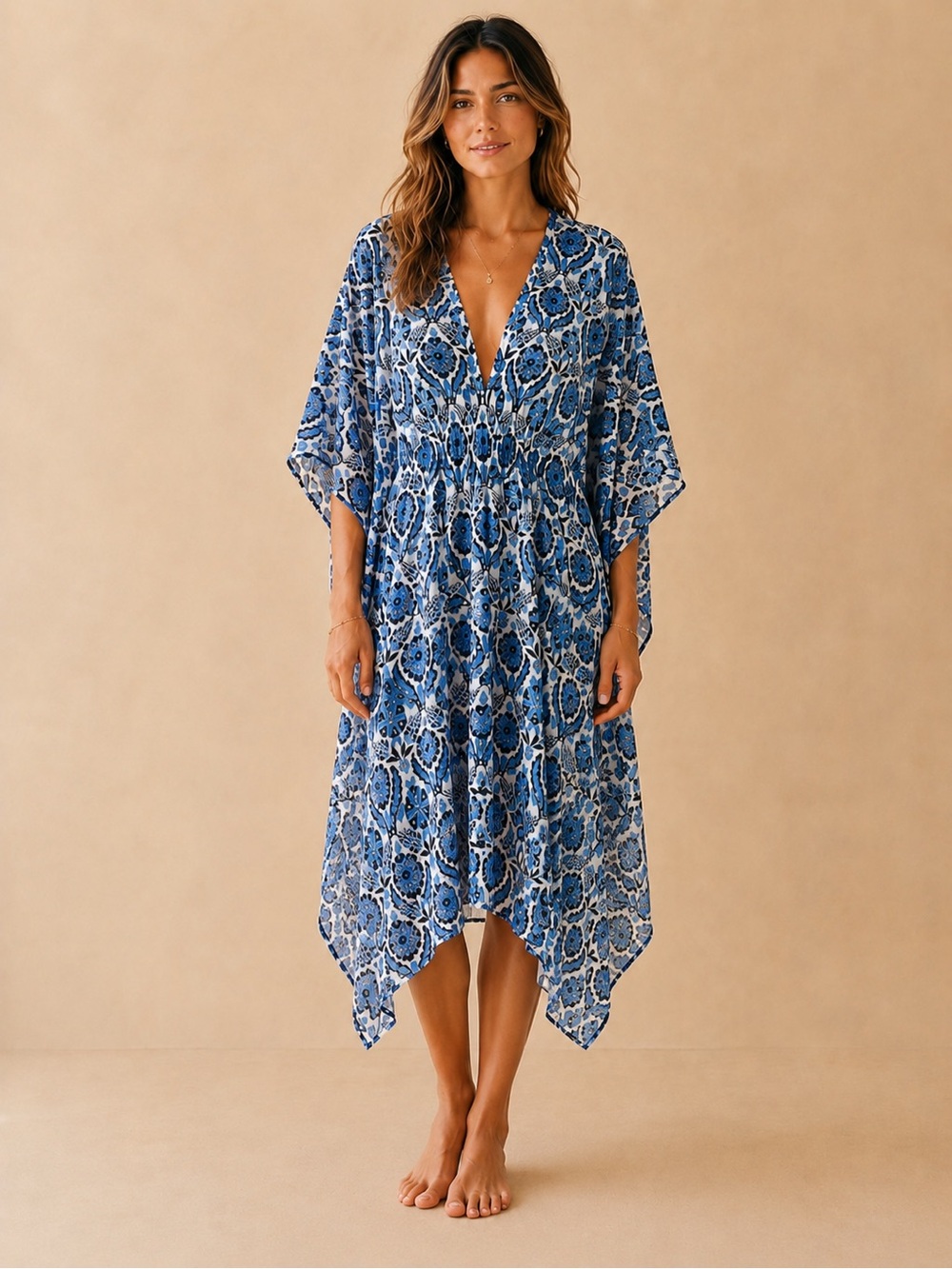 Rujuta Sheth X Anthropologie Boho Blue Floral Flowy V-Neck Caftan Dress M/L